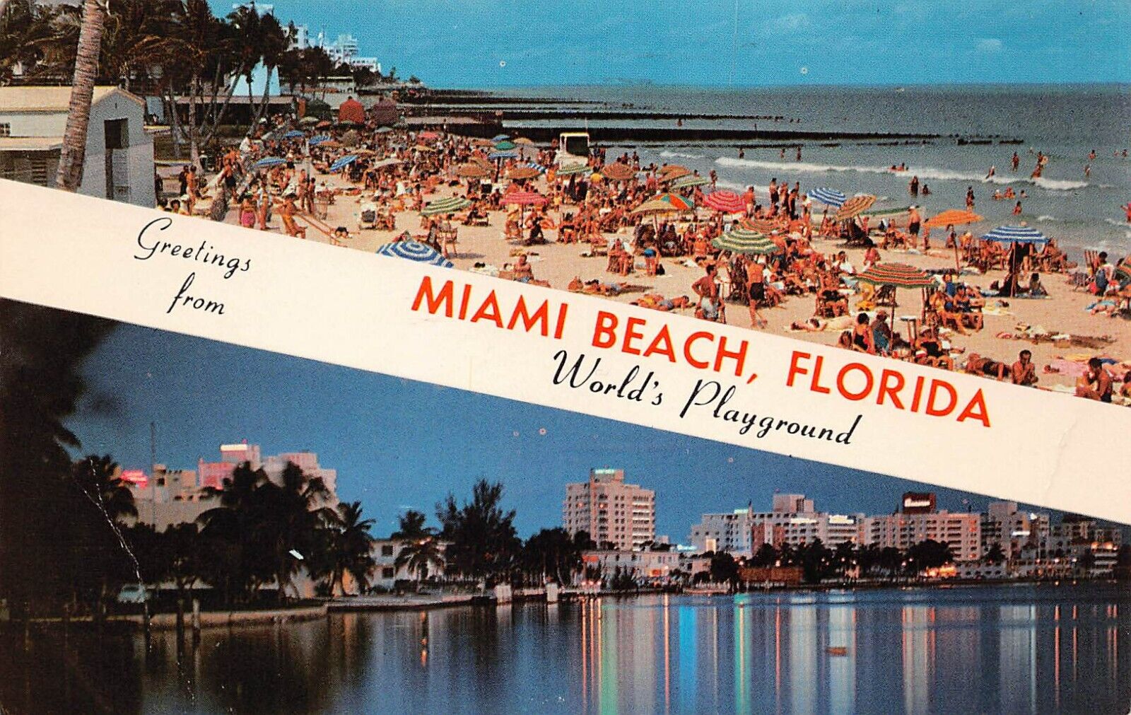 Miami Beach FL Florida Banner 1960s Beach Scene Hotels Night Vtg Postcard A10