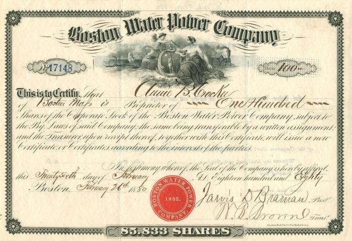 Boston Water Power Co. - Stock Certificate - Utility Stocks & Bonds