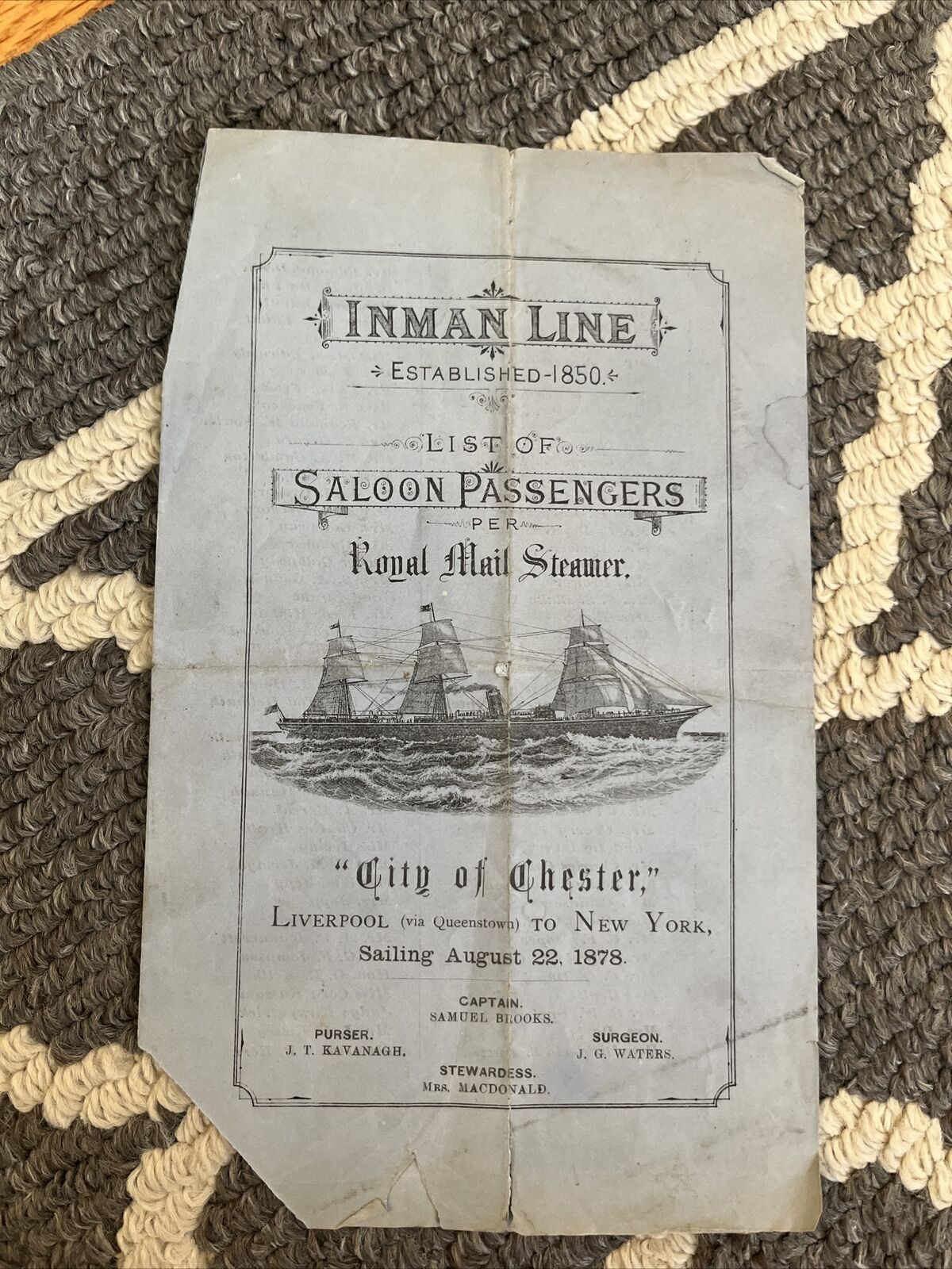 Inman Line City Of Chester Saloon Passenger List 1878 (RARE)