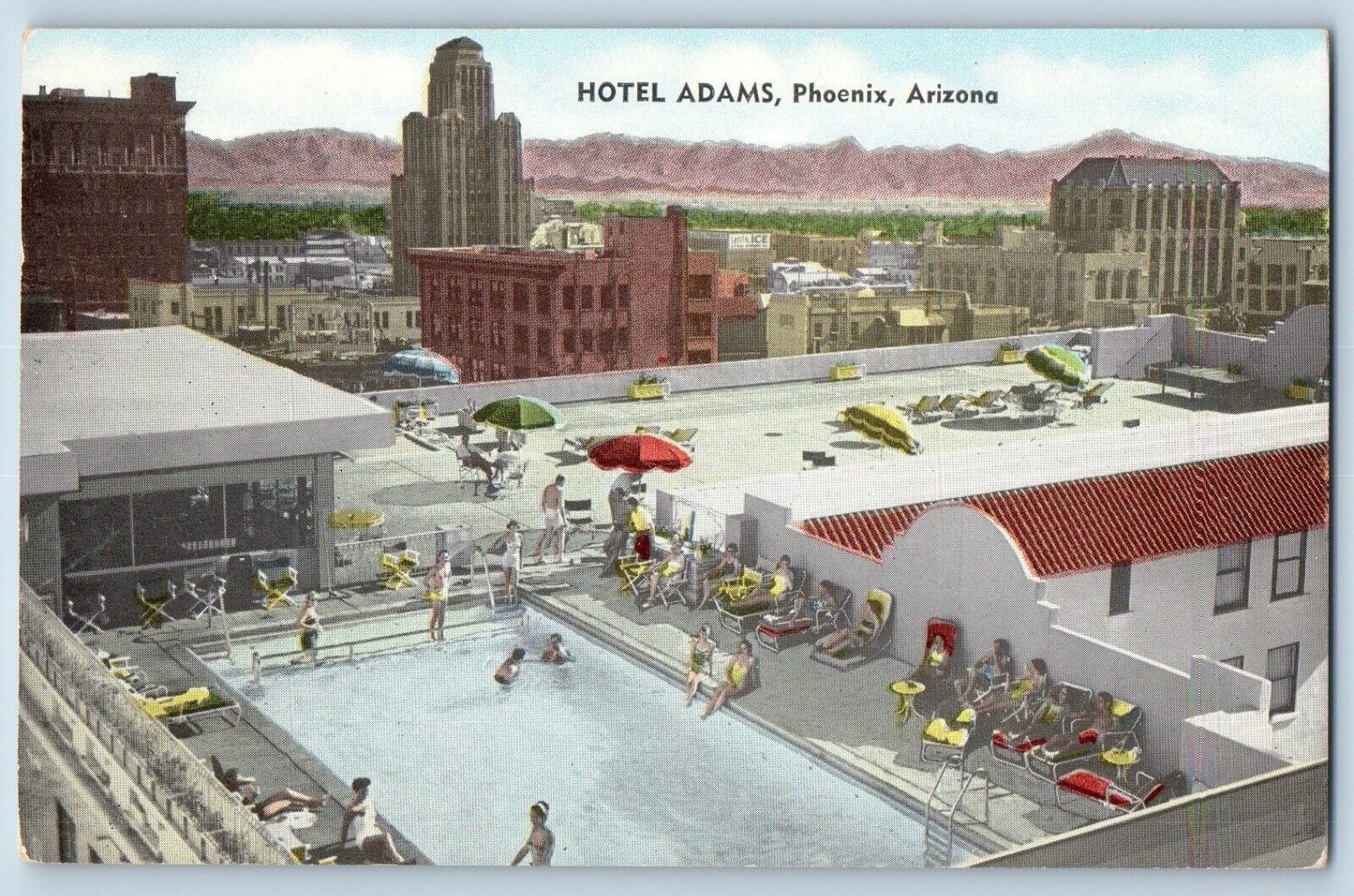 Phoenix Arizona AZ Postcard Sky Pool Patio Hotel Adams Exterior Building c1940