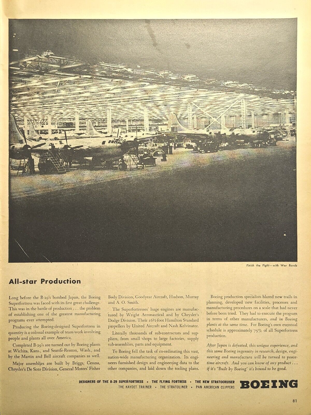Boeing B-29 Super Fortress Assembly Plant Buy War Bonds Vintage Print Ad 1945