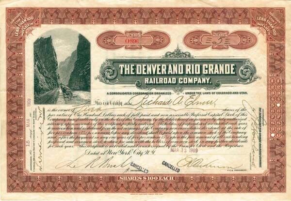 Denver and Rio Grande Railroad Company - Stock Certificate (Orange)