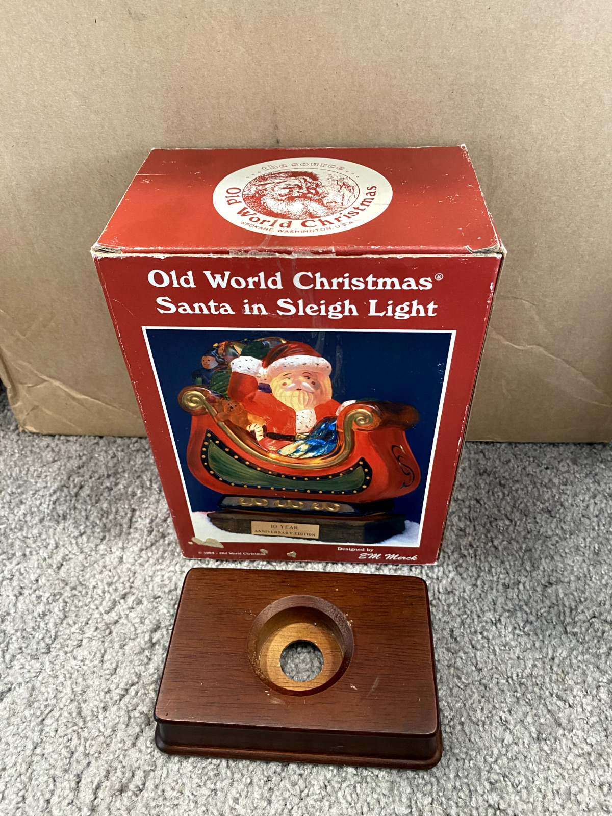 Vintage Old World Christmas Santa in Sleigh Glass Light 1994 BOX AND STAND ONLY