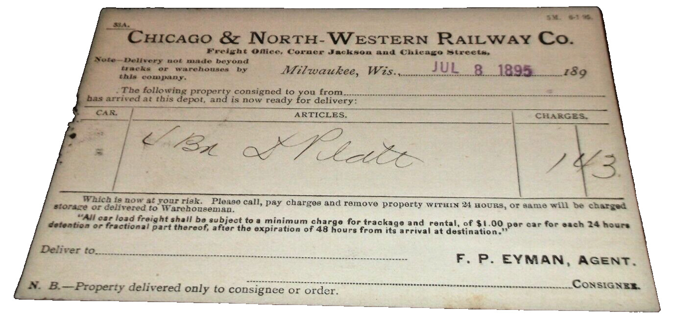 JULY 1895 C&NW CHICAGO & NORTH WESTERN MILWAUKEE, WI FREIGHT DELIVERY POST CARD