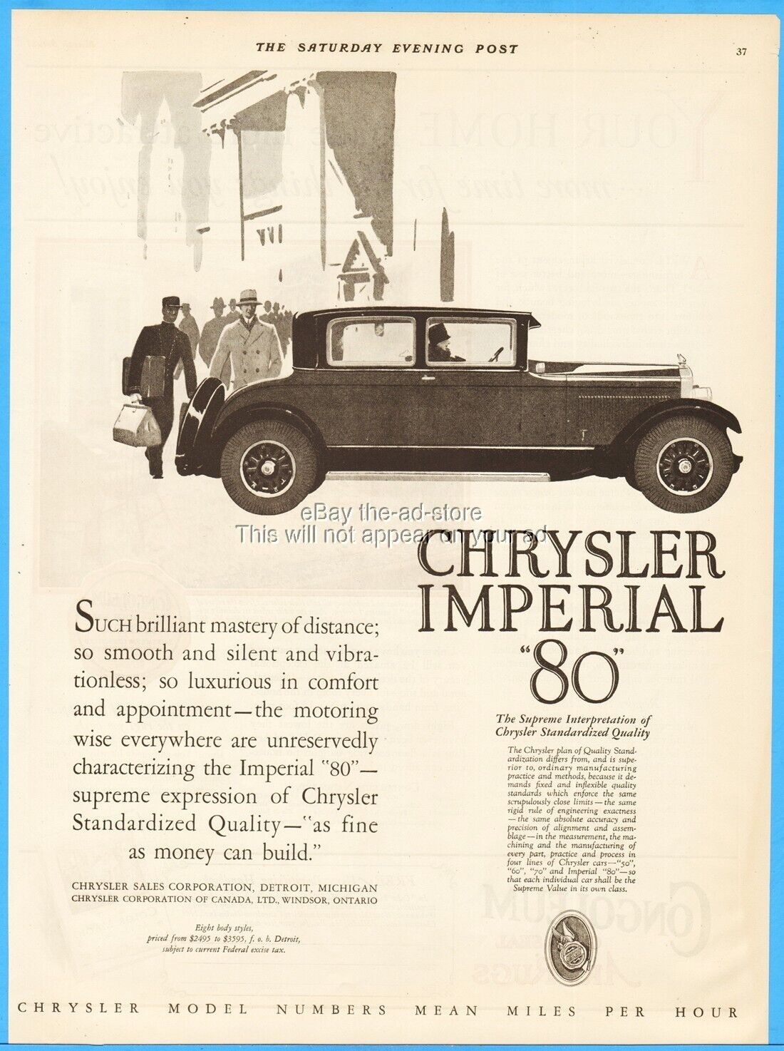 1927 Chrysler Imperial 80 Sedan Vintage 1920\'s Automobile Car Art Ephemera Ad