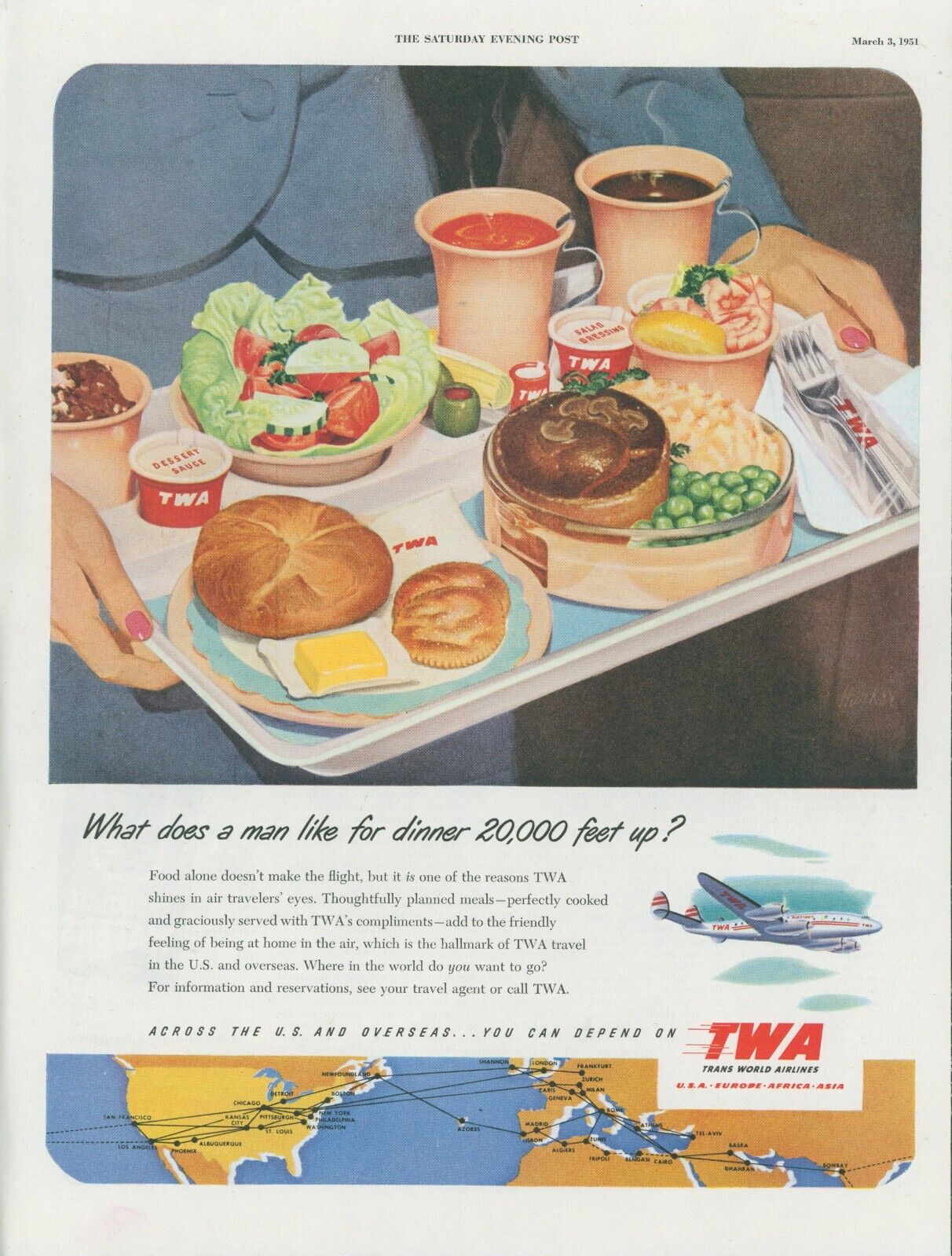 1951 TWA Meal Tray Pot Pie Salad Dessert Sauce Coffee Roll Vintage Print Ad SP19