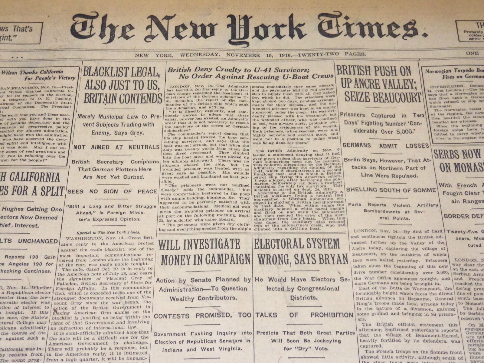 1916 NOVEMBER 15 NEW YORK TIMES - ELECTORAL SYSTEM WRONG SAY BRYAN - NT 7730