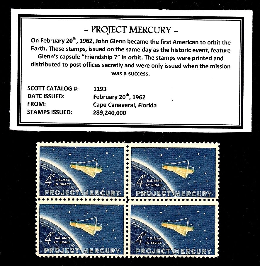 1962 - PROJECT MERCURY - Vintage Mint -MNH- Block of Four Postage Stamps