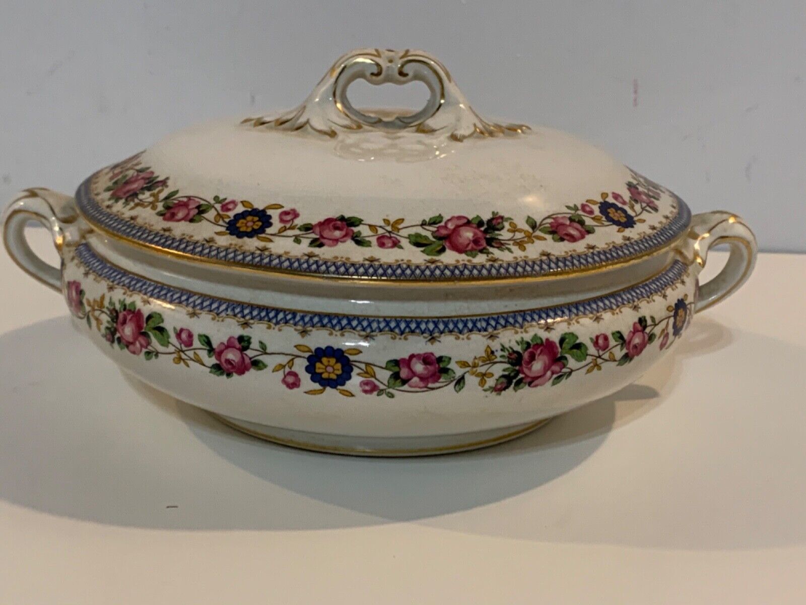Antique Booths Staffordshire Porcelain Covered Tureen with Rose Floral Dec.