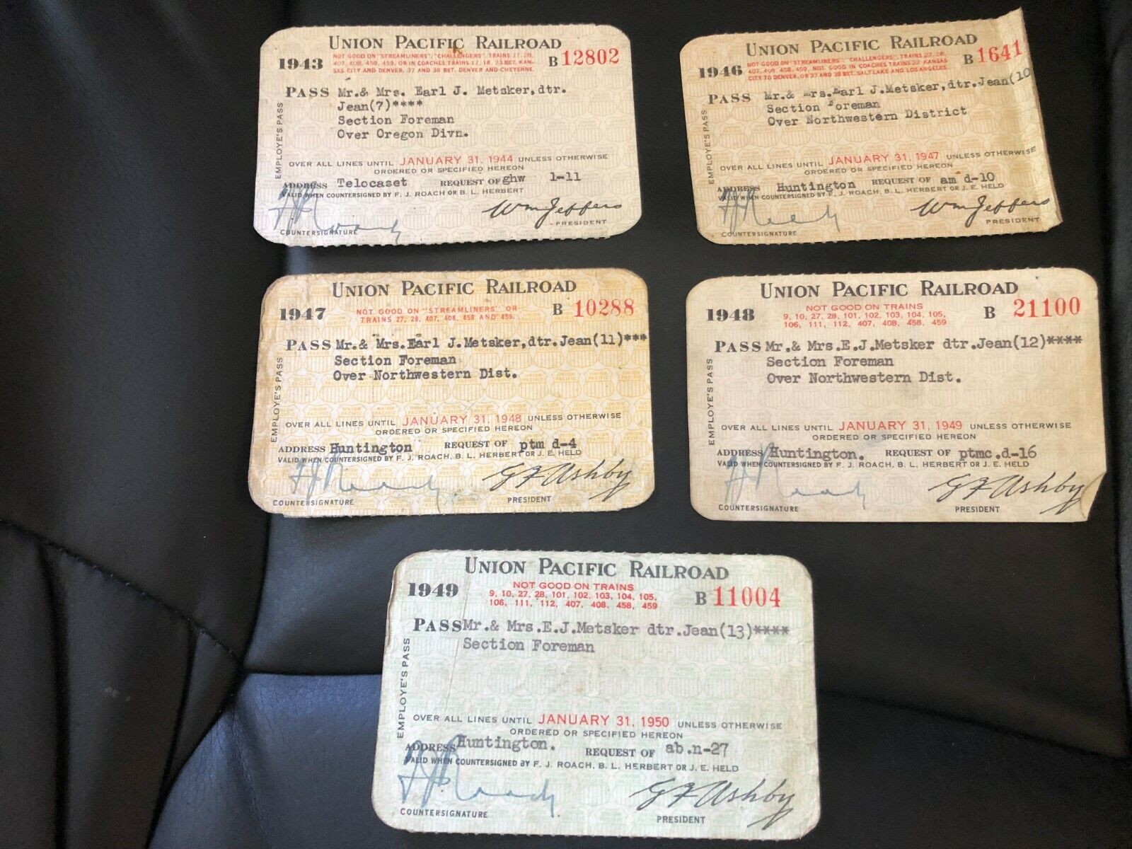 (5) 1940's Union Pacific RailRoad EMPLOYEE PASS Section Forman Over NorthWestern