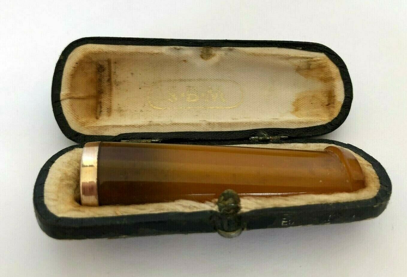 Vintage Antique Genuine Amber Cigarette holder Gold plated Rim with Box