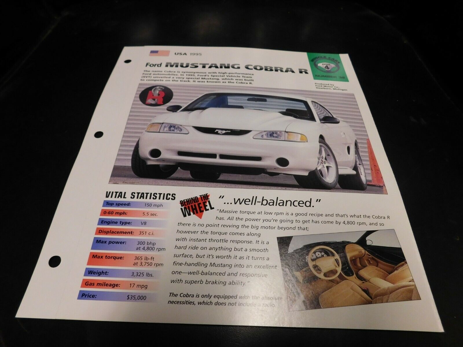 1995 Ford Mustang Cobra R Spec Sheet Brochure Photo Poster 