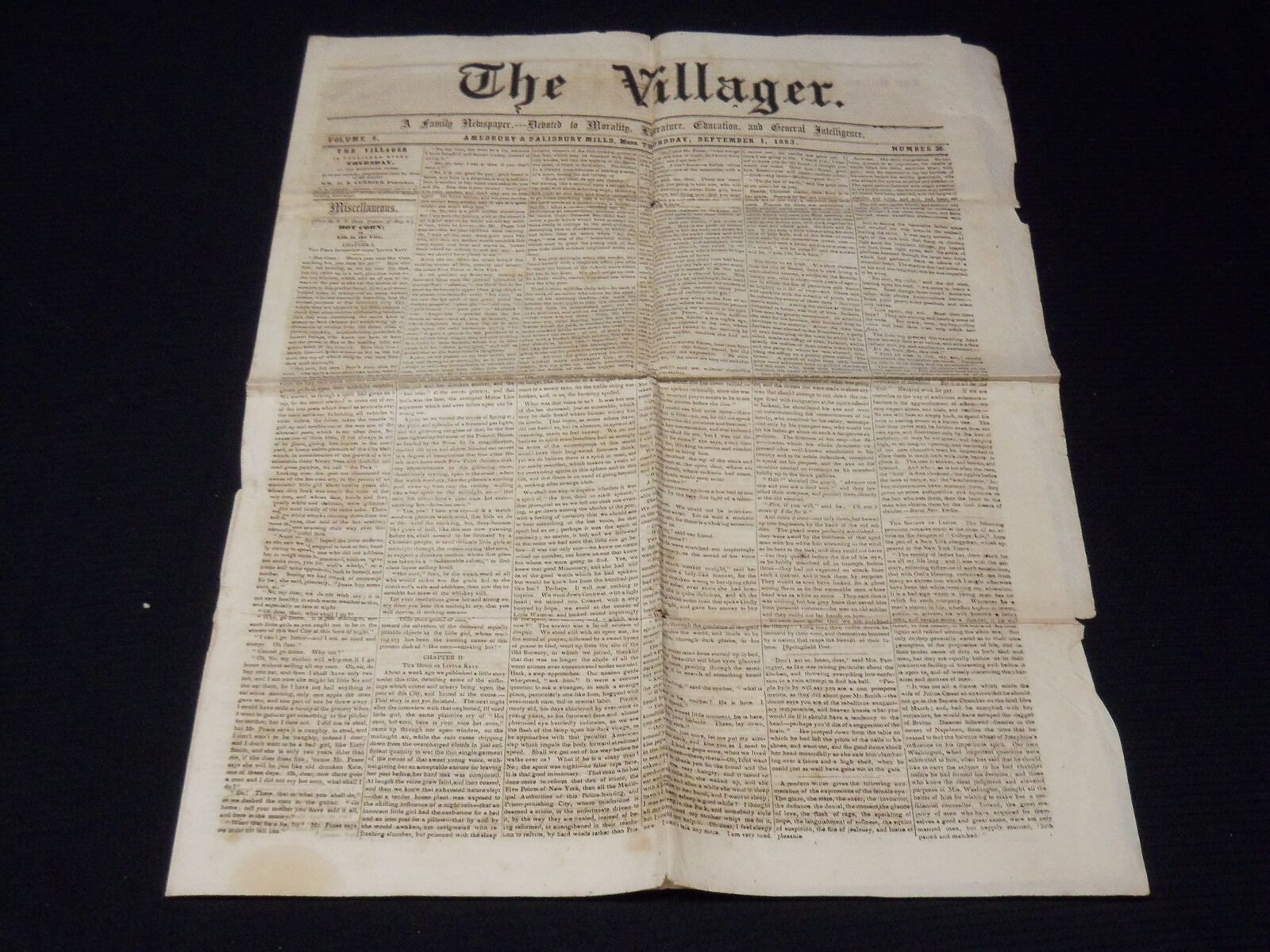 1853 SEPTEMBER 1 THE VILLAGER NEWSPAPER - MASSACHUSETTS - K 57
