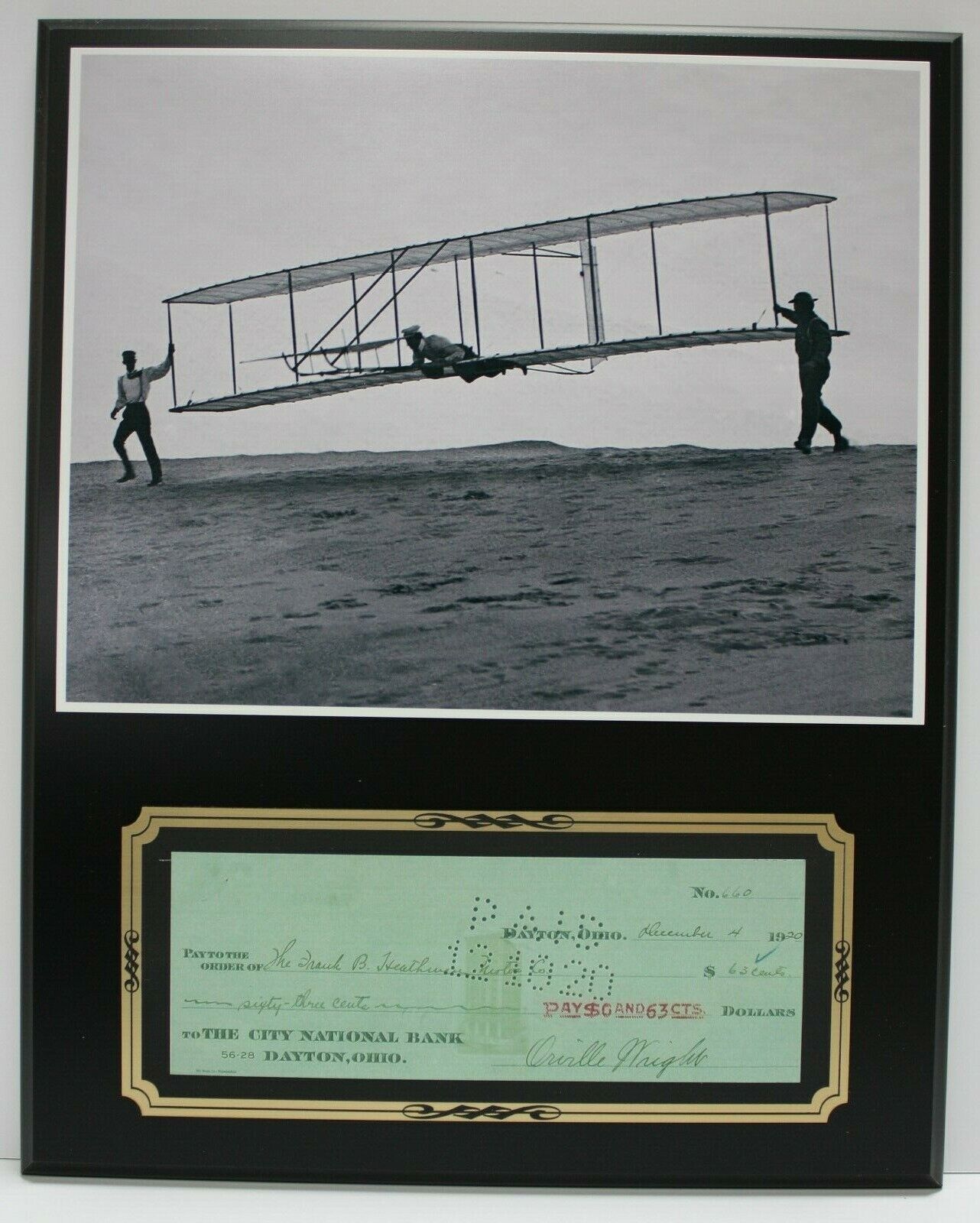 Orville Wright Reproduction Signed Check Display 