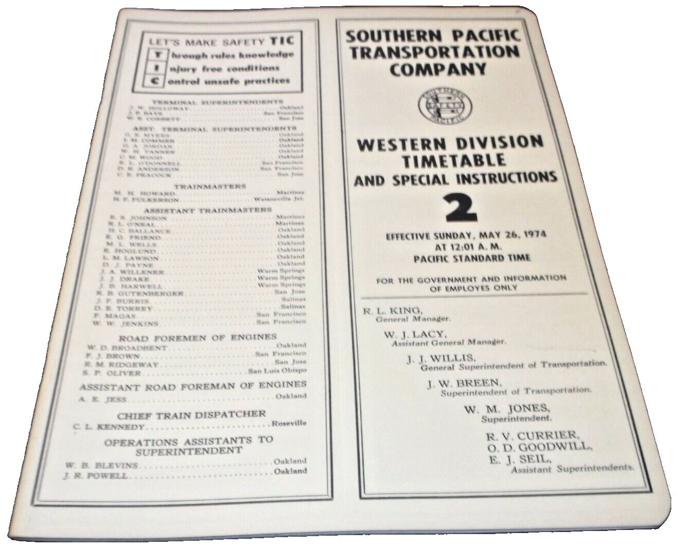 MAY 1974 SOUTHERN PACIFIC WESTERN DIVISION EMPLOYEE TIMETABLE #2