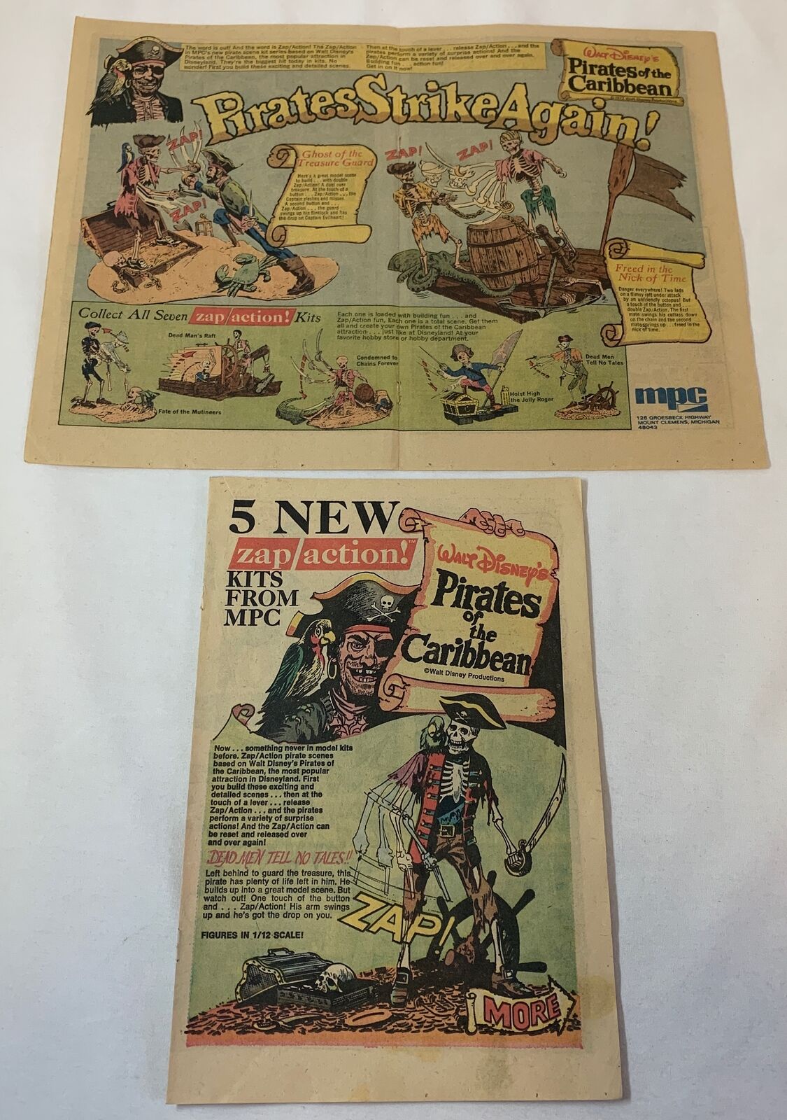 two 1970's MPC Walt Disney PIRATES OF THE CARIBBEAN model kits newsprint ads