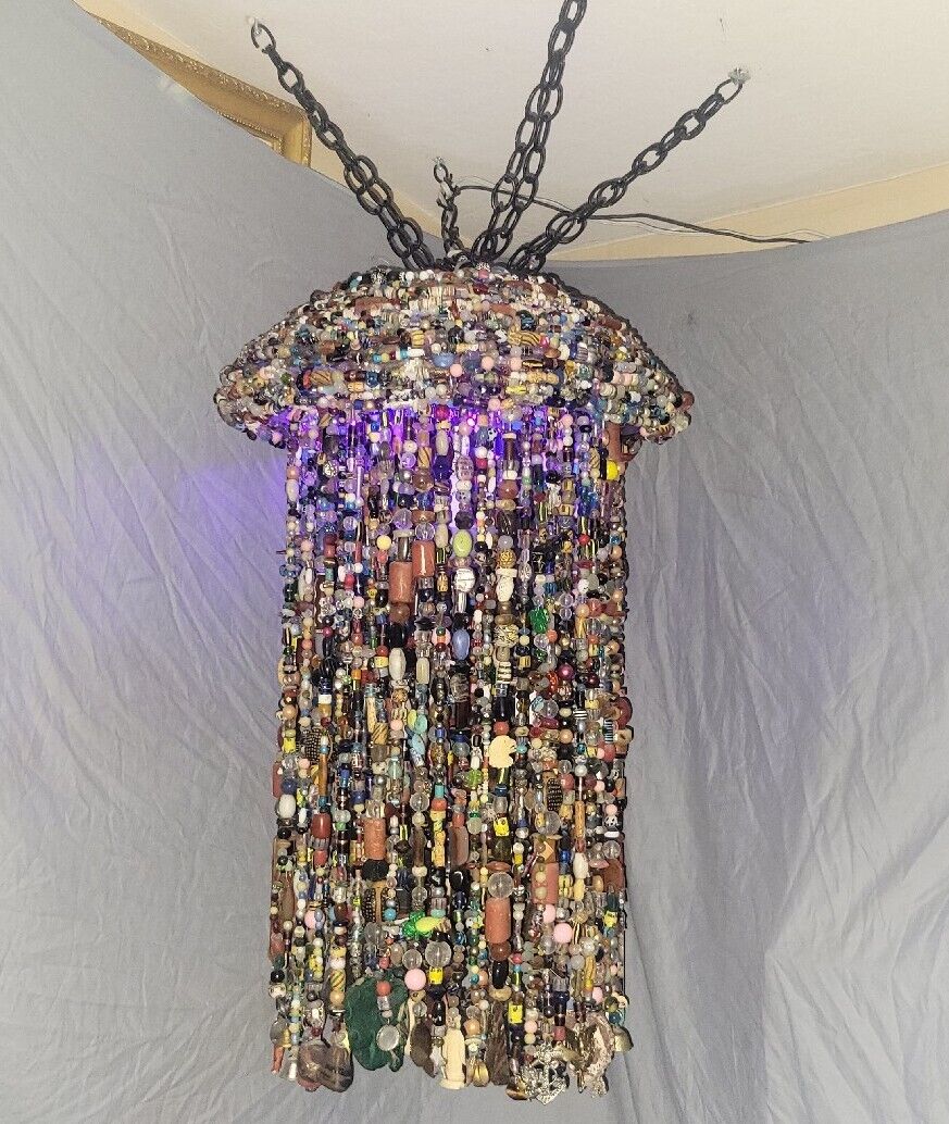 Huge 31x15in Hanging Swag Lamp Antique African Trade Beads Glass Stone New n Old