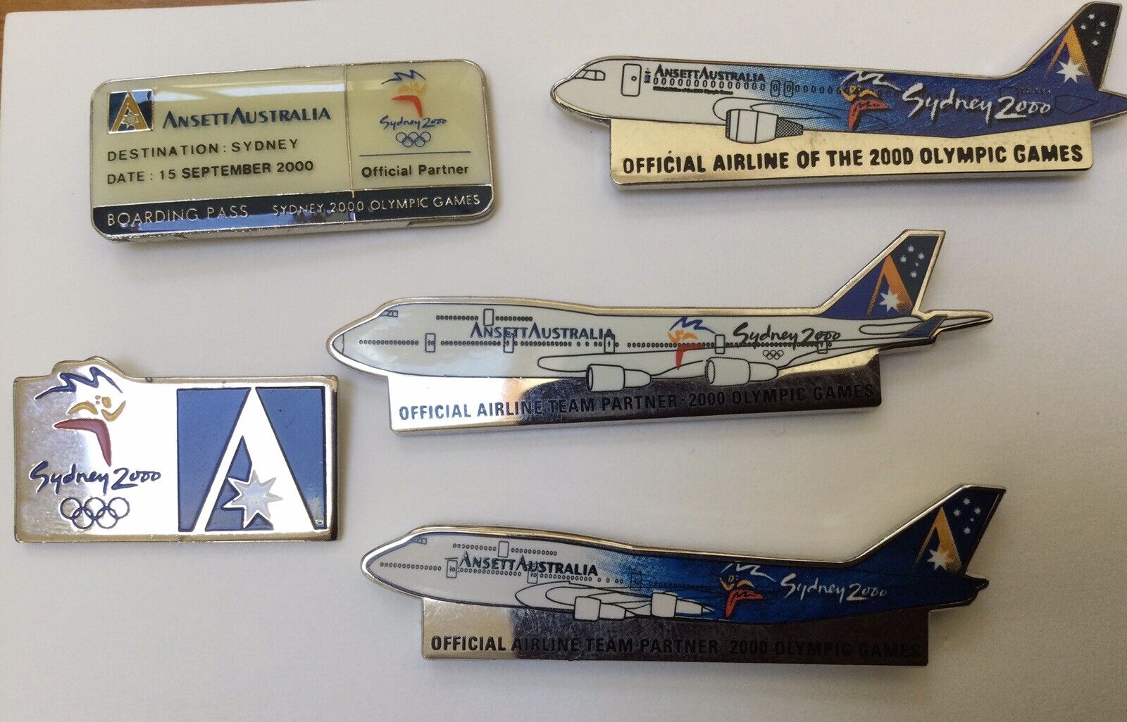 Ansett Airlines Sydney 2000 Olympic Aircraft (3) Boarding Pass & Logo Pins