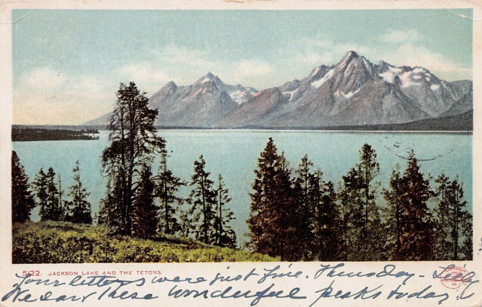 Jackson Lake and the Tetons, 1904 Postcard, Detroit Photographic, Used in 1906
