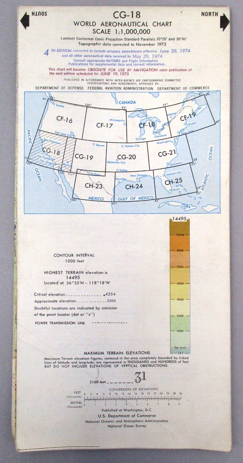Vintage World Map Aeronautical Chart 1974 4th Edition
