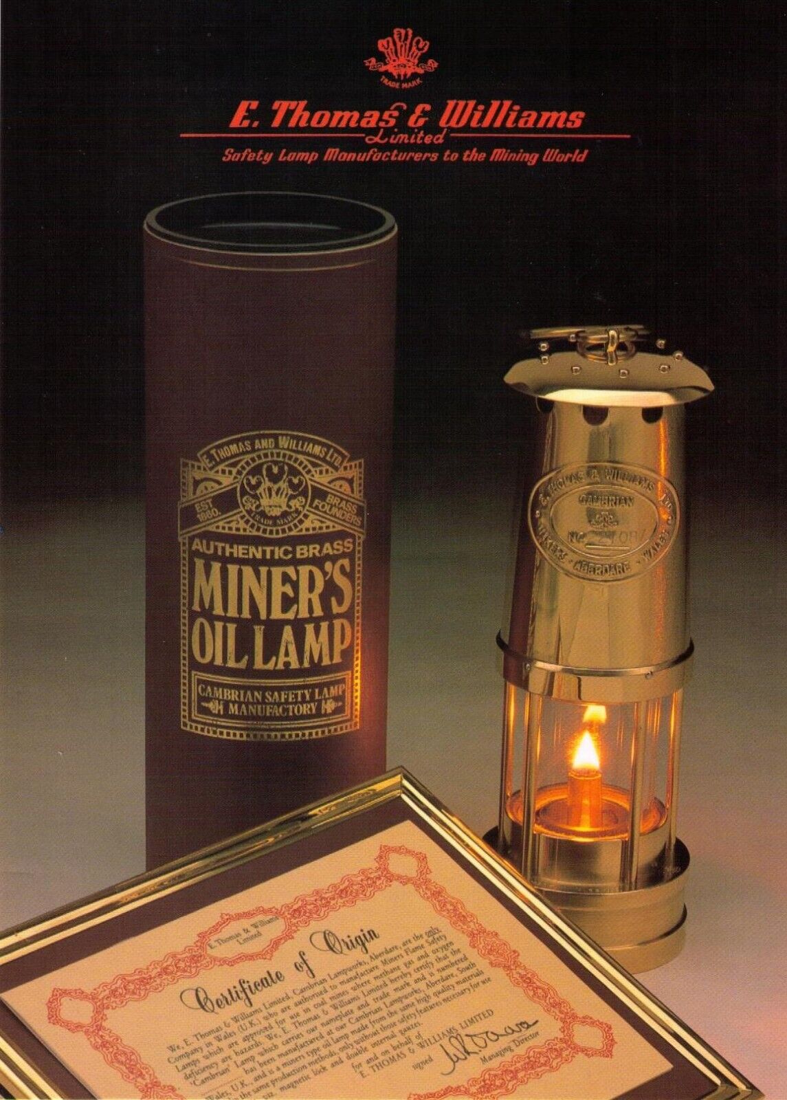 Miners Lamp. Thomas & Williams Full size Lamp All Brass  (New)