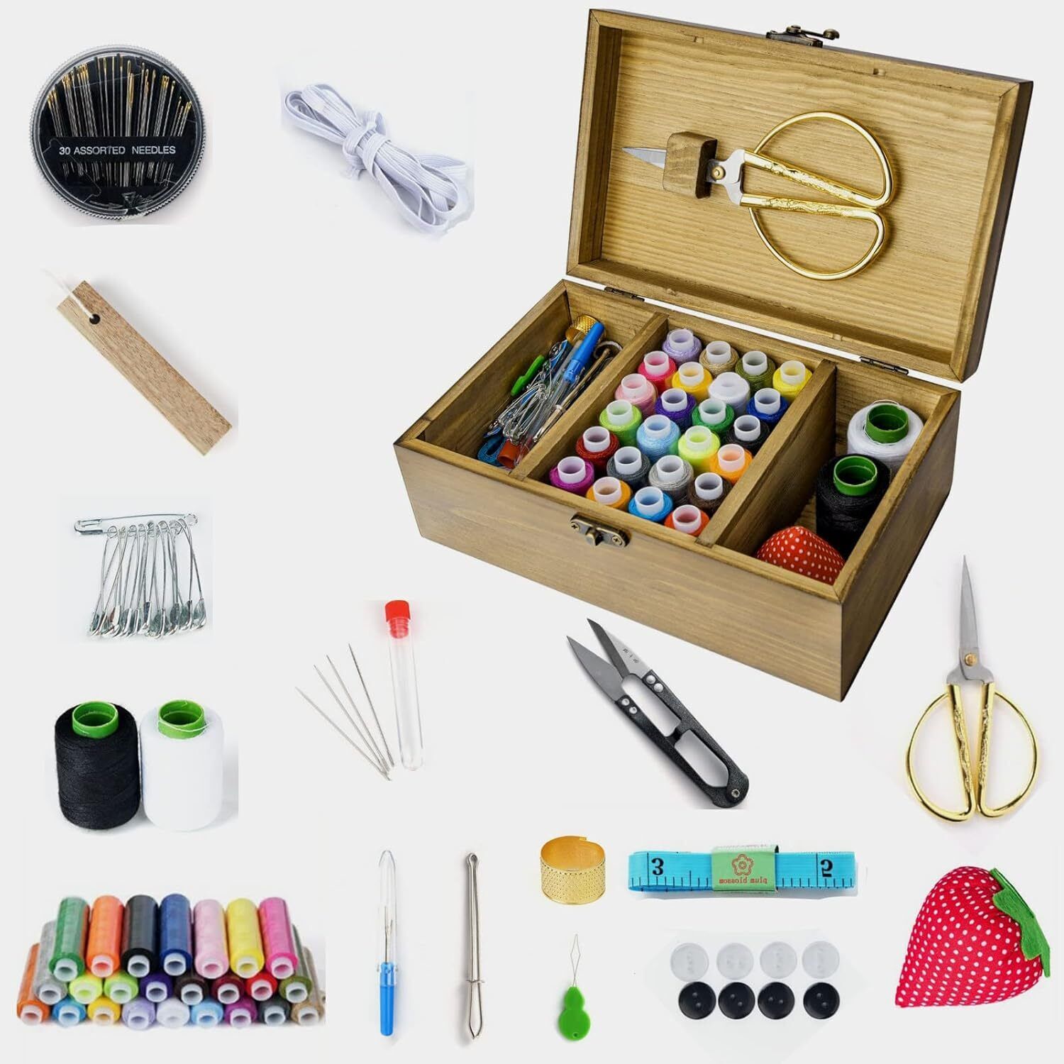 Sewing Tool Kit with Retro Wooden Box,Hand Sewing Repair Tool Kit for Adults DIY