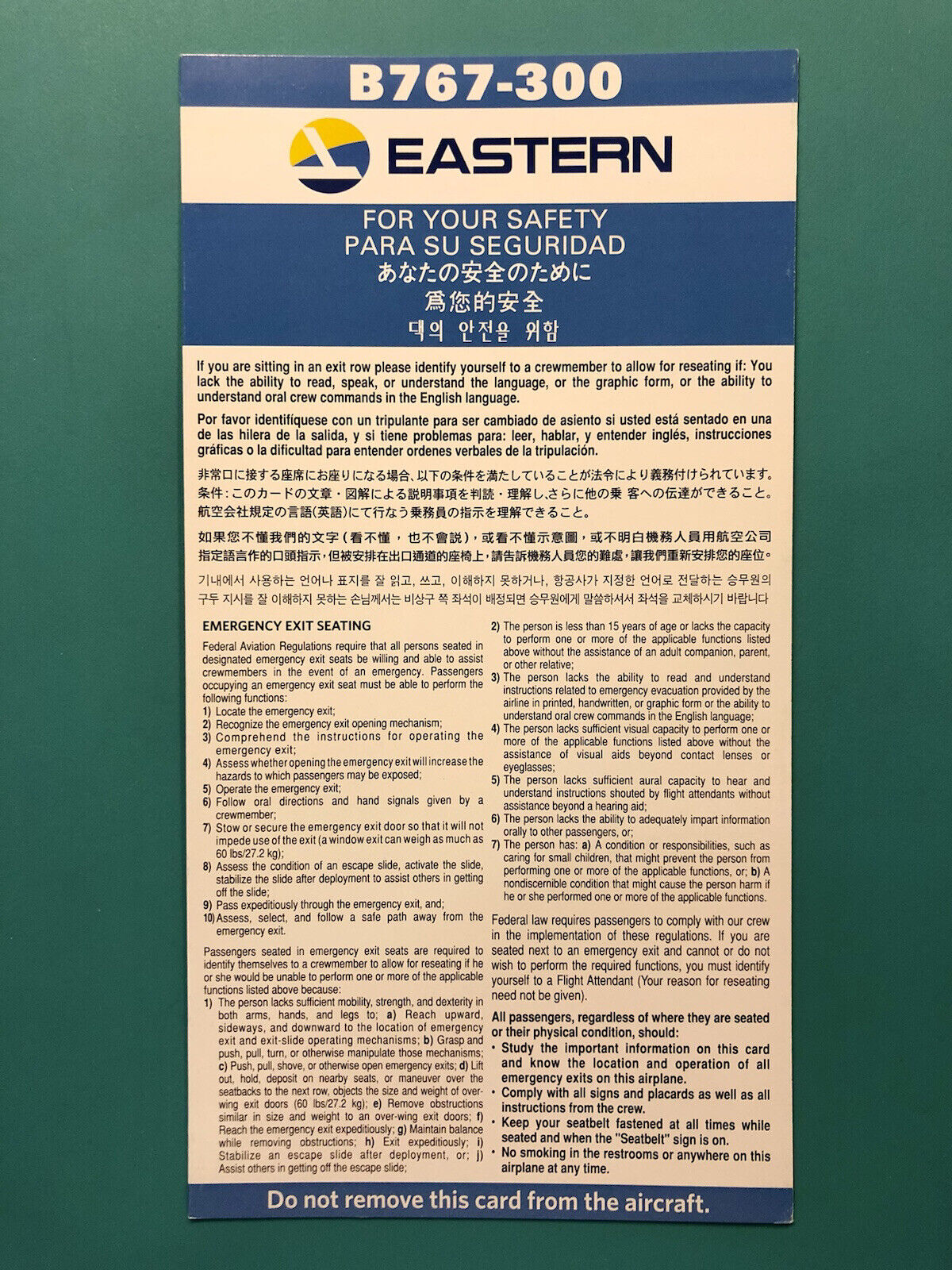 EASTERN AIRLINES SAFETY CARD — 767-300