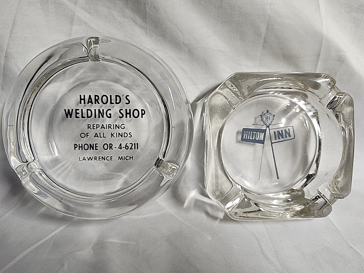 Vintage Hilton Inn Advertising Glass Square Ashtray And Round Welding Shop Mich