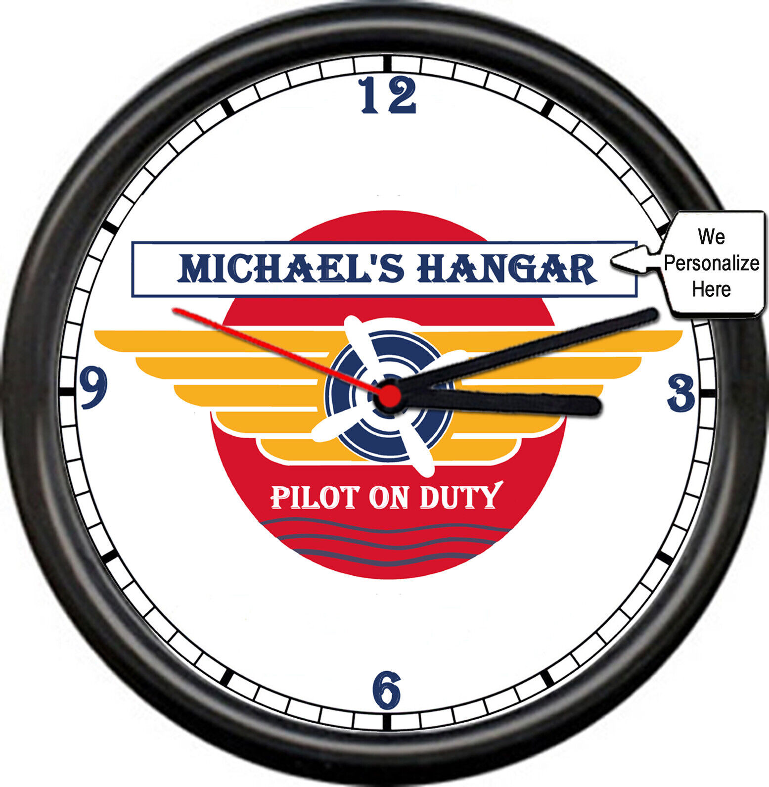 Personalized Name Pilot Airplane Hangar Aviation Flight Retro Hanger Wall Clock