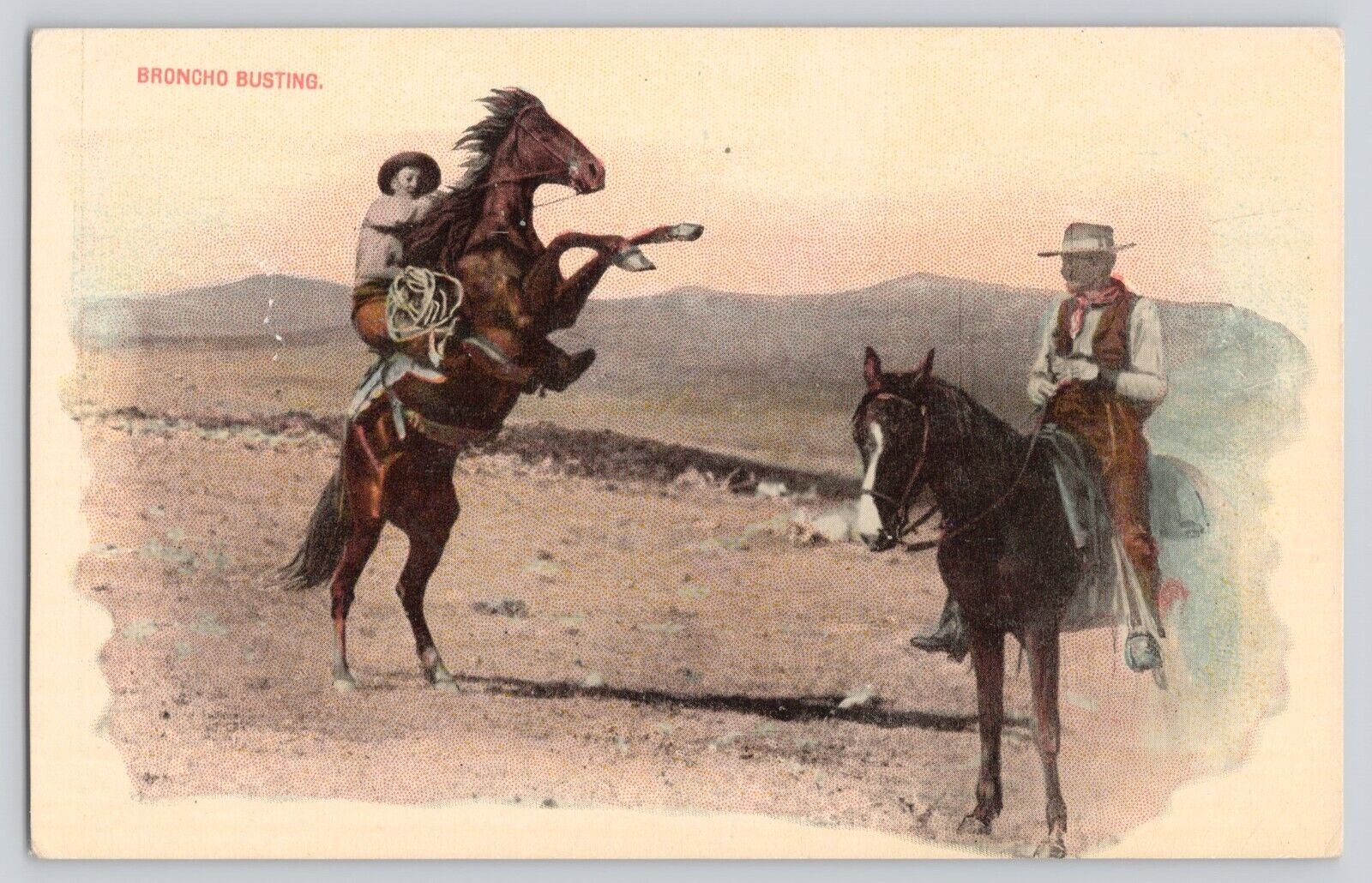 Postcard Western Cowboys On Horses Horseback Bronco Busting Vintage Unposted
