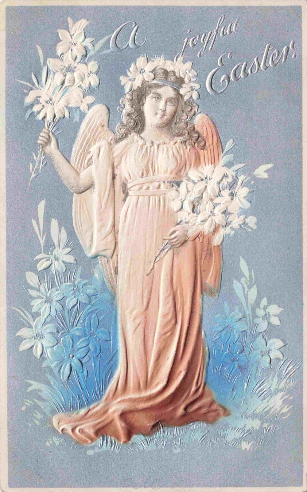Lovely Easter Pink & Blue Angel Nicely Embossed Silver Accents Vintage Postcard