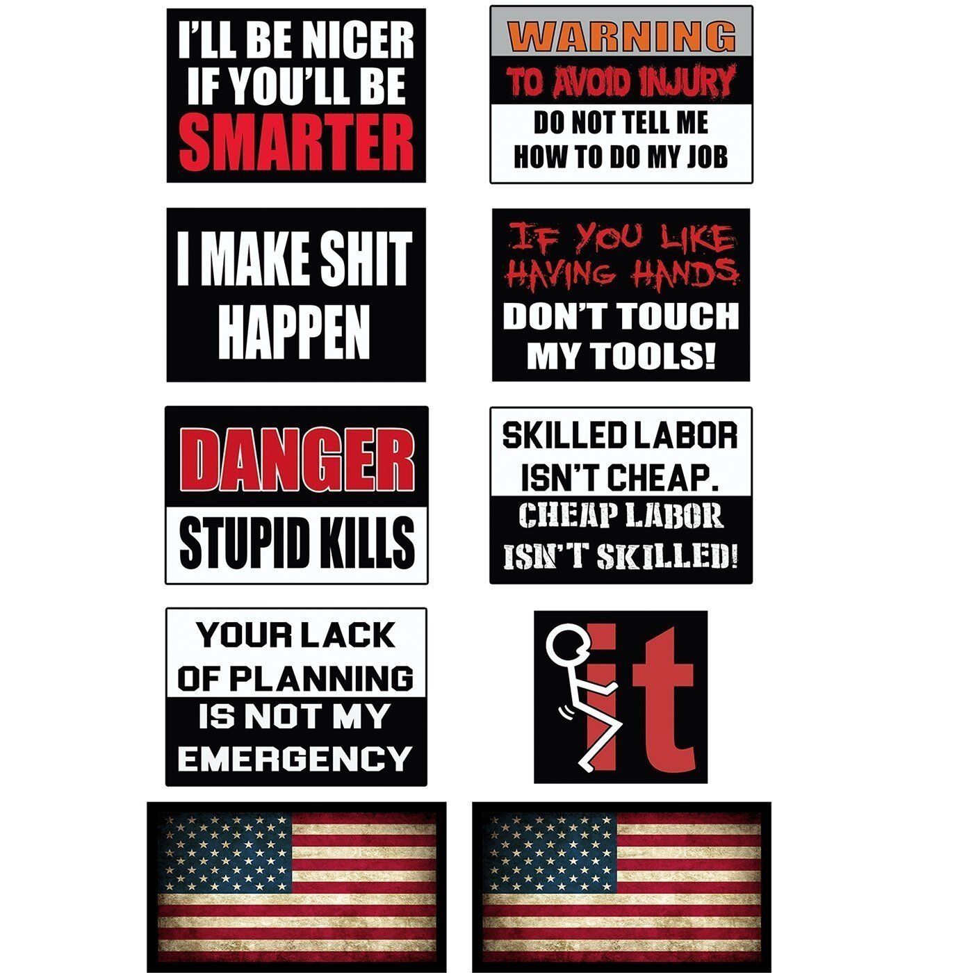 [10 Pack] Funny Hard Hat & Helmet Stickers American Flag USA Made Toolbox Decals