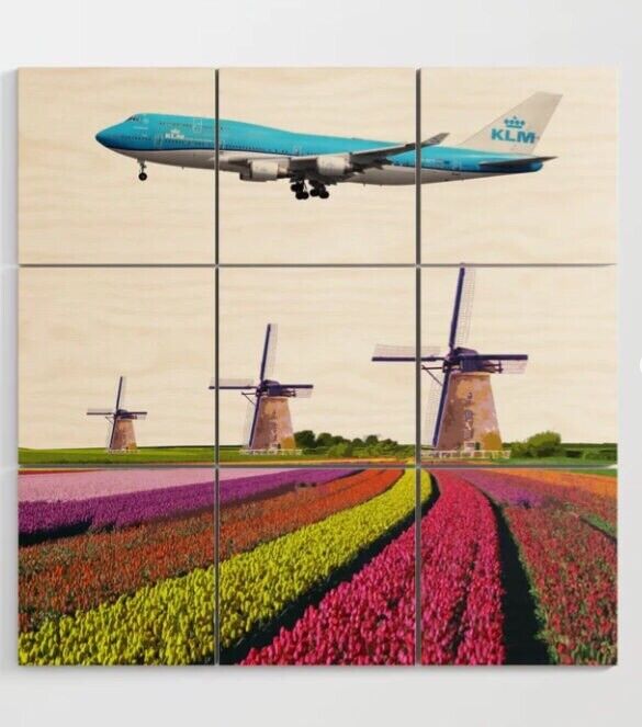 KLM 747 over The Netherlands Art - 3\' x 3\' Wood Wall Art