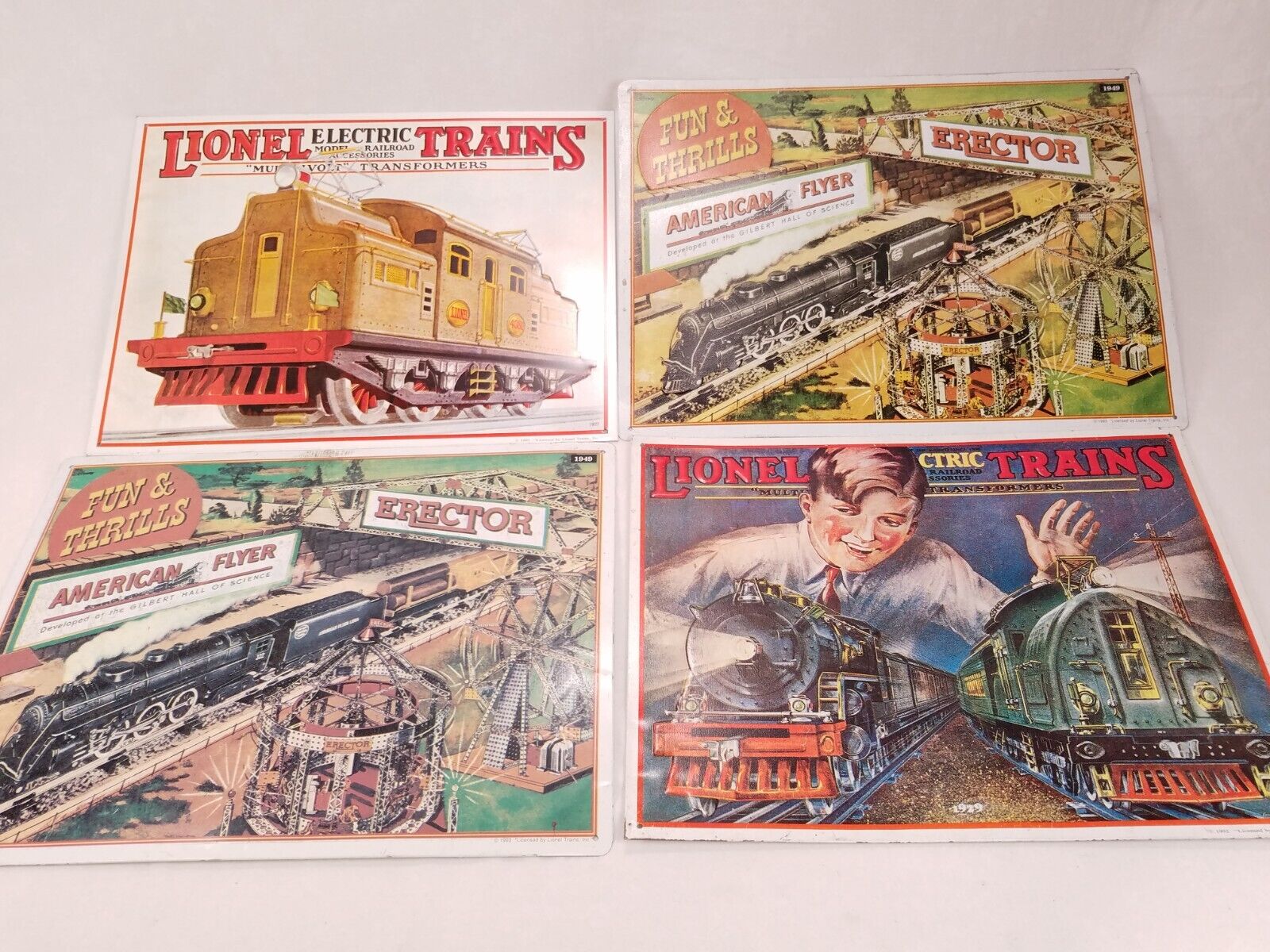 x4 Lot of Lionel Tin Signs, Erector Fun and Thrills, 1929-1950s embossed 11x16\