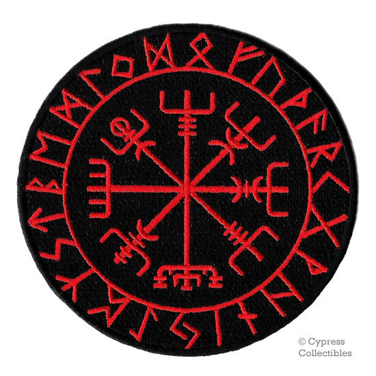 VIKING COMPASS PATCH Vegvisir IRON-ON EMBROIDERED ICELANDIC NORSE RUNE - RED