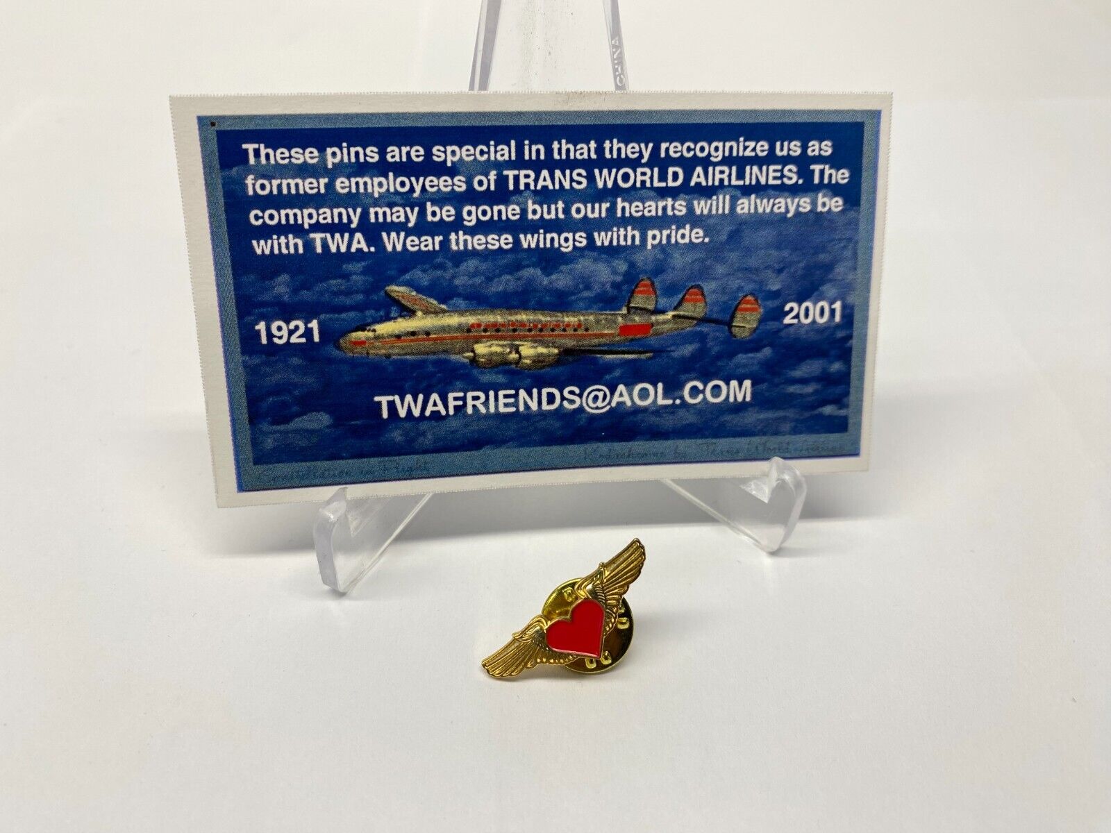 VTG 2001 TWA Trans World Airlines Heart Wings Golden Lapel Pin NOS Employee Crew