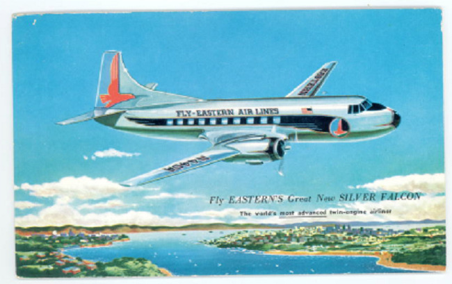 Eastern Airlines Silver Falcon Postcard - Vintage 1950's Glenn L Martin Airplane