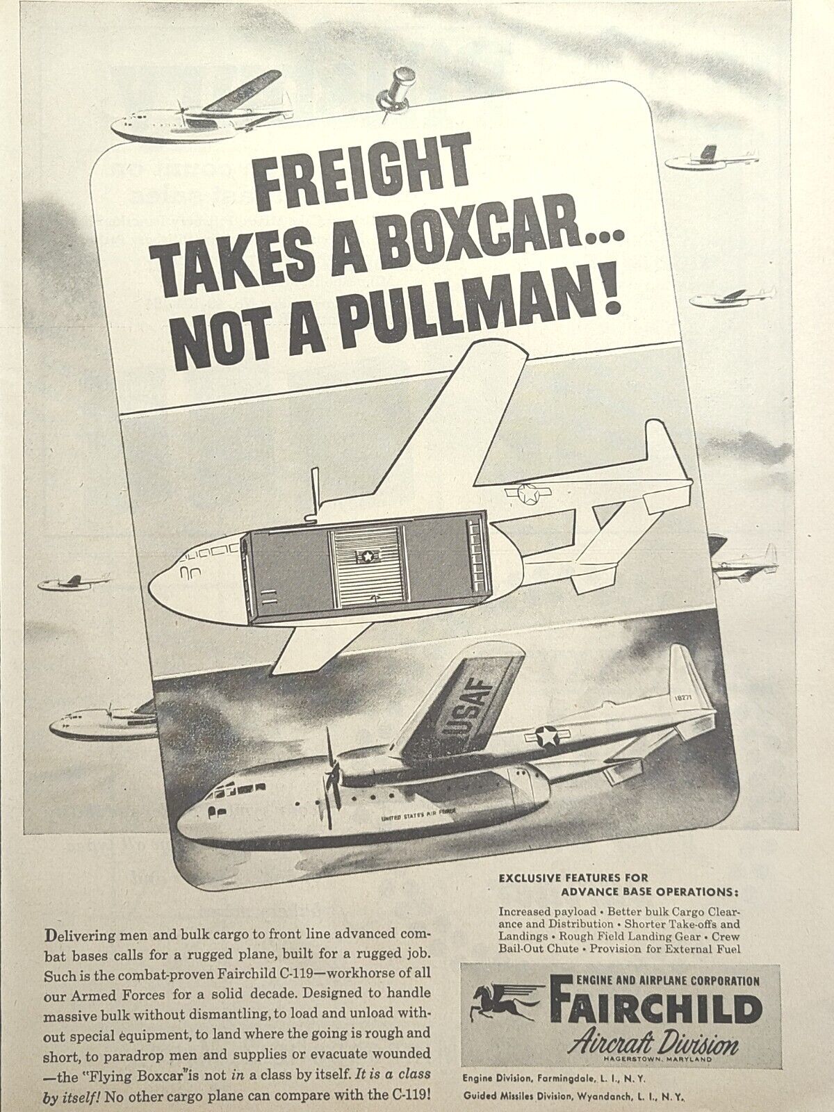 Fairchild C-119 Flying Boxcar Cargo Aircraft Med-Evac Vintage Print Ad 1953
