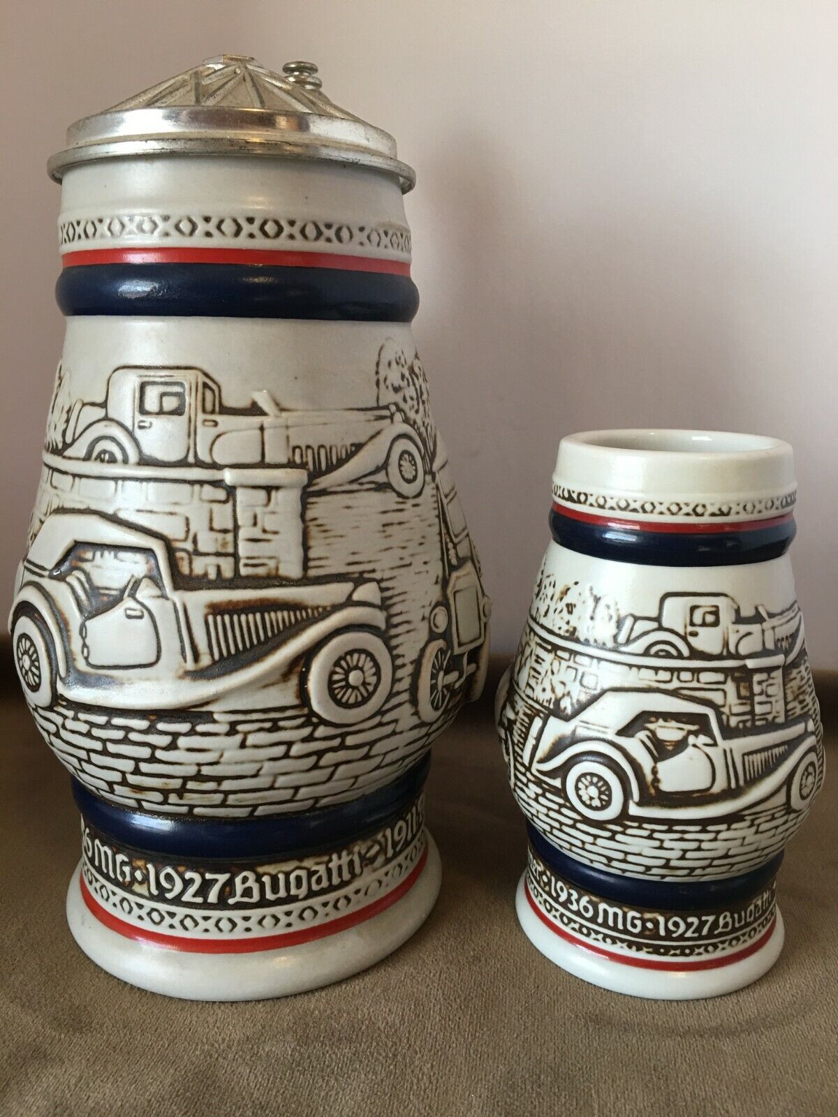 Stein Set  - AUTOMOBILE BEER STEINS, Set by AVON 1 Lg & 1 Small Matching Mugs