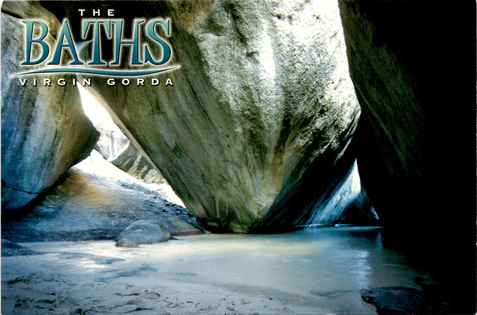 Postcard showcases The Baths in Virgin Gorda, BVI, with contact details.