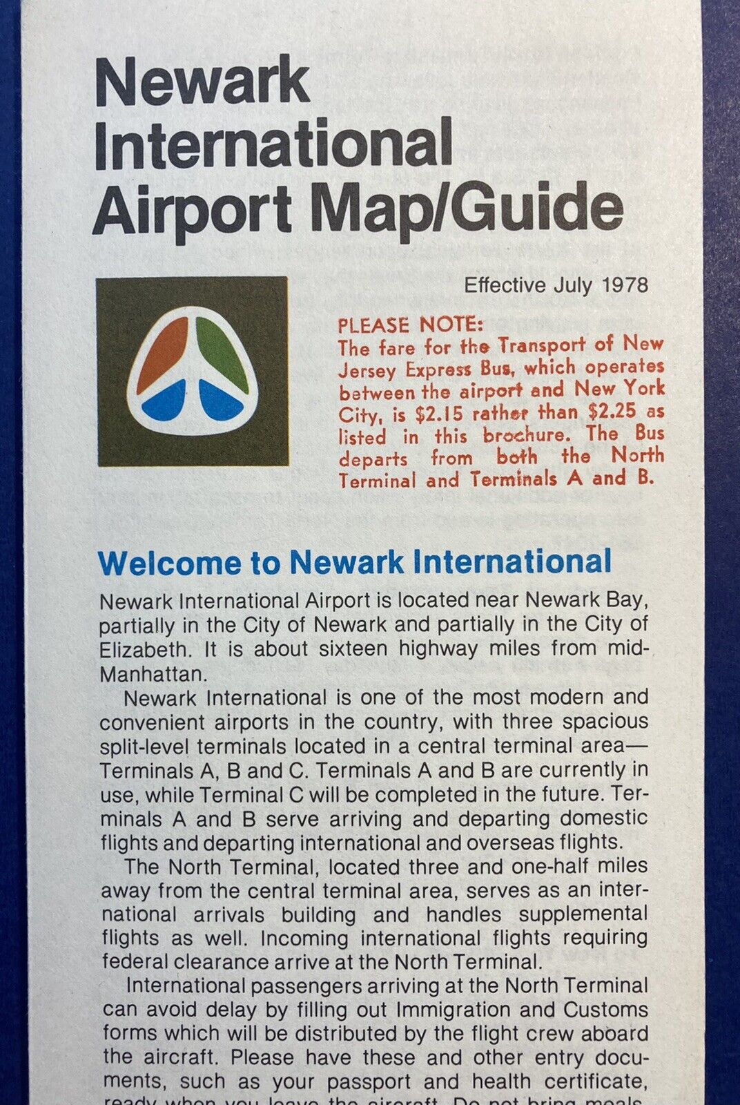 Newark International Airport Map Guide 1978 Vintage Folding Brochure Pamphlet NJ