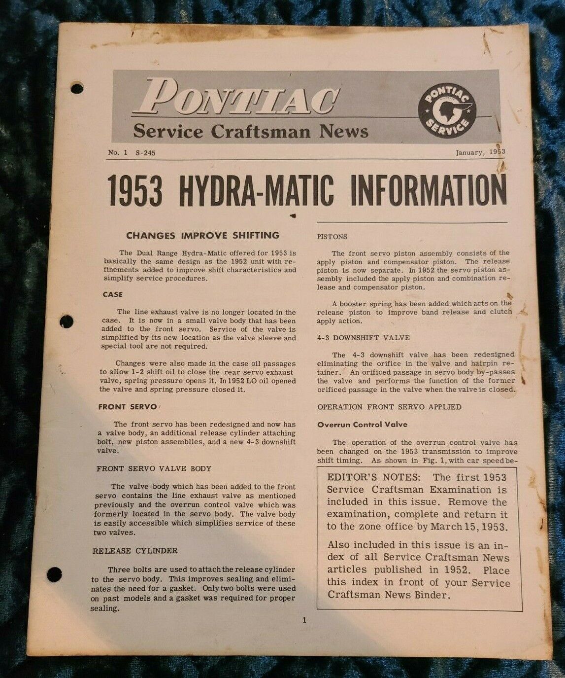 Jan 1953 Pontiac Service Craftsman News No.1 S-245 Booklet B-A#54