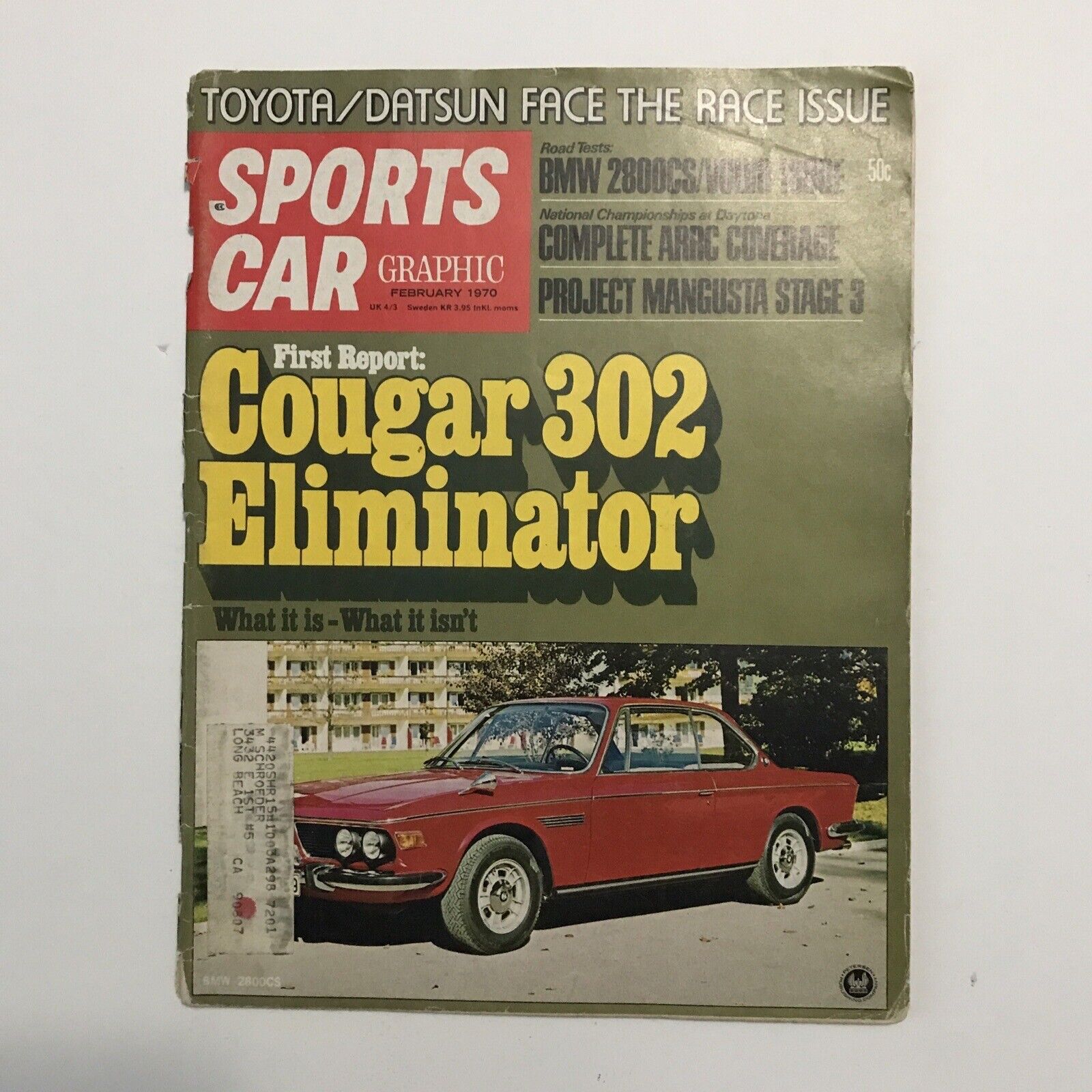 Vintage SPORTS CAR GRAPHIC February 1970 Cougar 302 Eliminator BMW 2800CS
