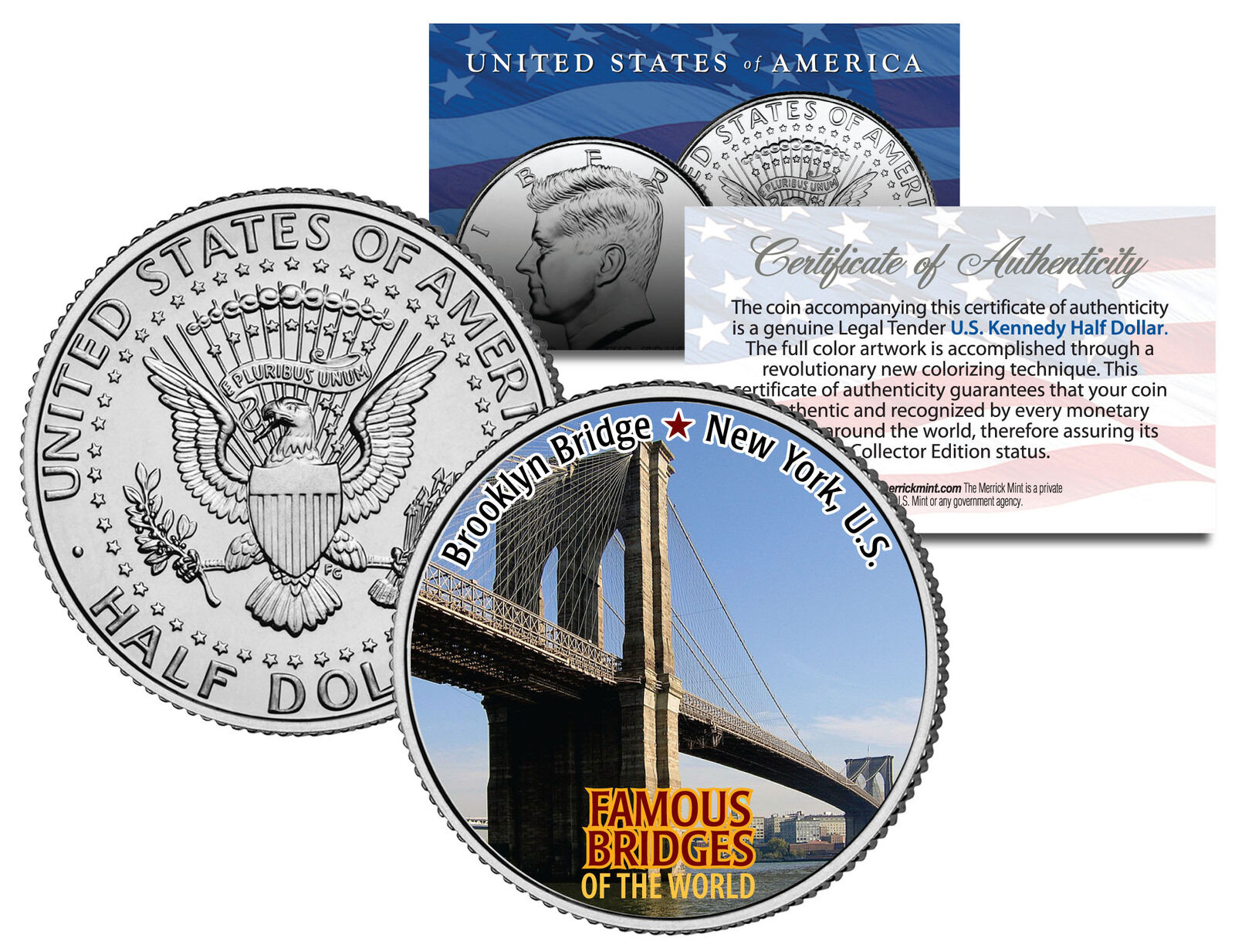BROOKLYN BRIDGE * Famous Bridges * Colorized JFK Half Dollar U.S. Coin New York