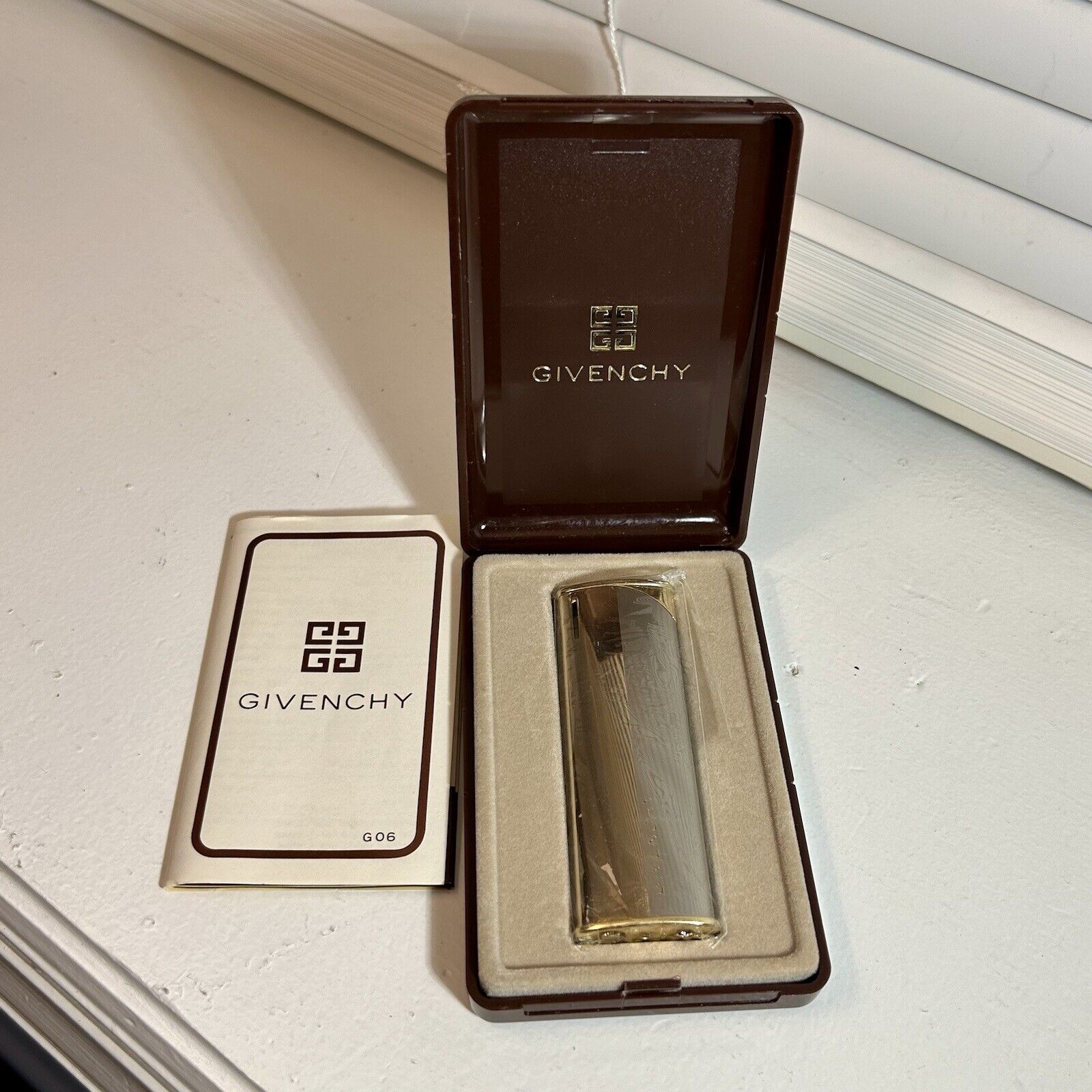 Vintage GIVENCHY Gas Butane Windproof lighter Silver & Gold New W/ Original Case