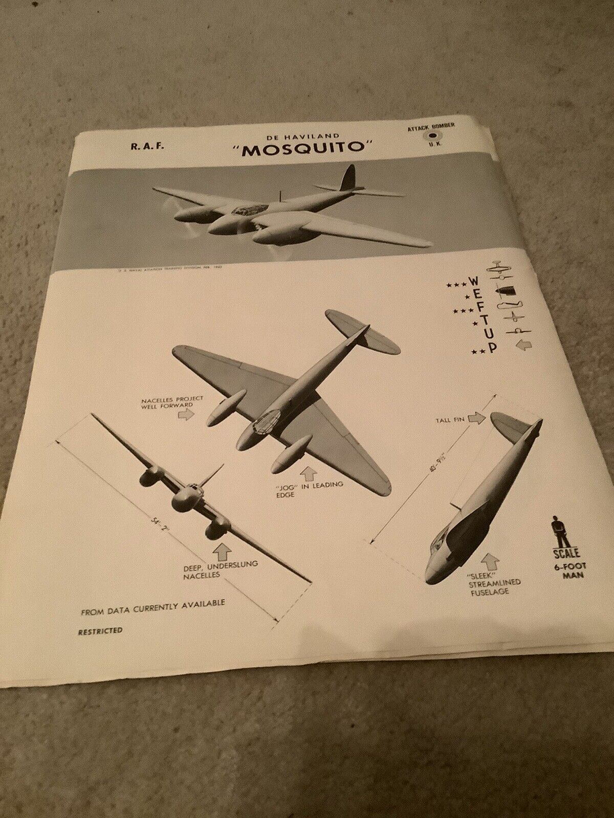 WWII Fighter Plane Recognition Poster Uk RAF De Haviland Mosquito