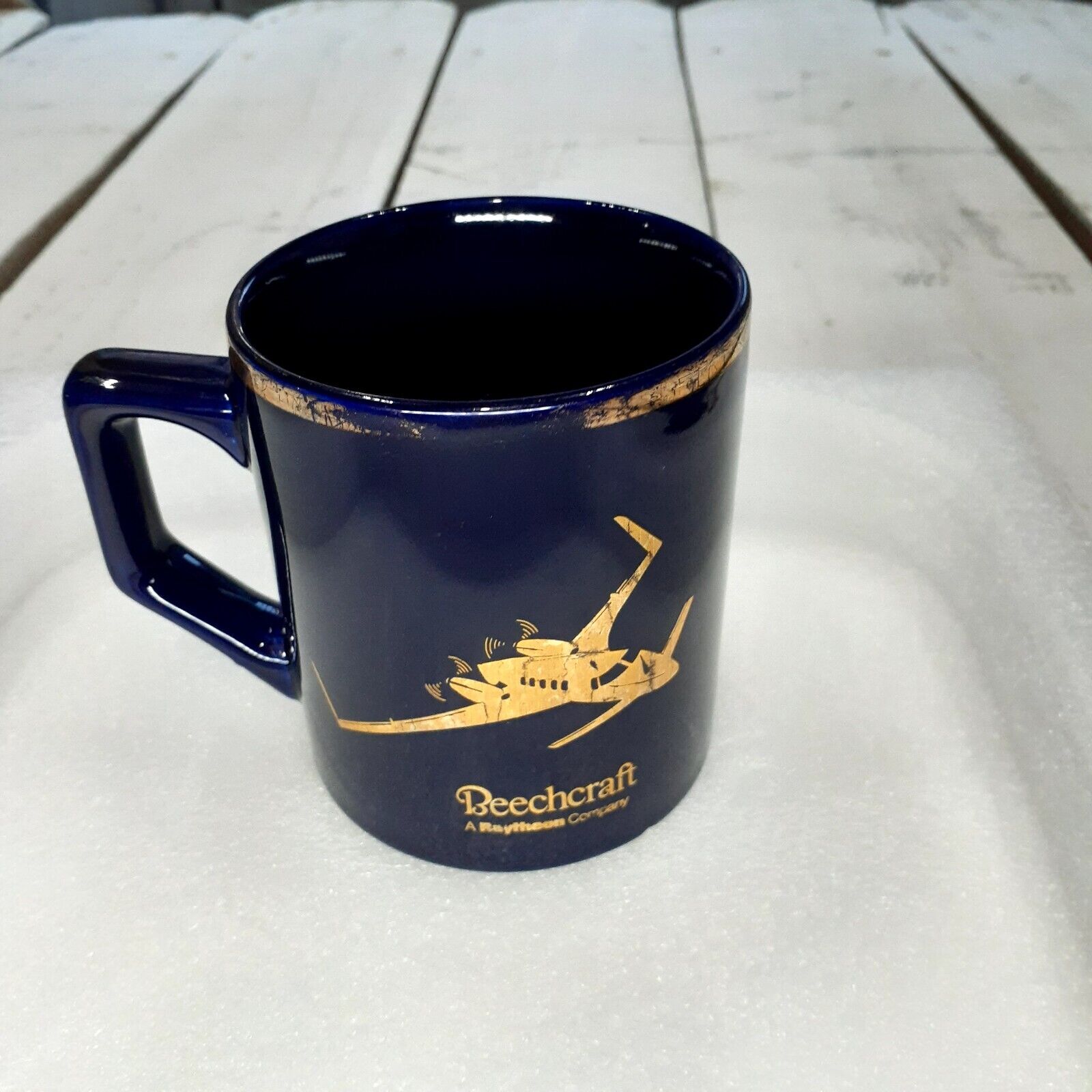 Beechcraft Starship Airplane Rear Propeller Cobalt Blue Gold Coffee Cup Mug Vtg
