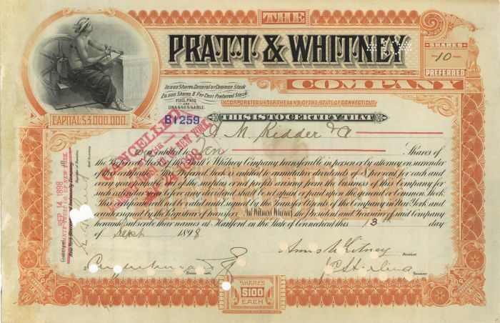 Pratt and Whitney Co. signed by Amos Whitney as president - Autographed Stocks &