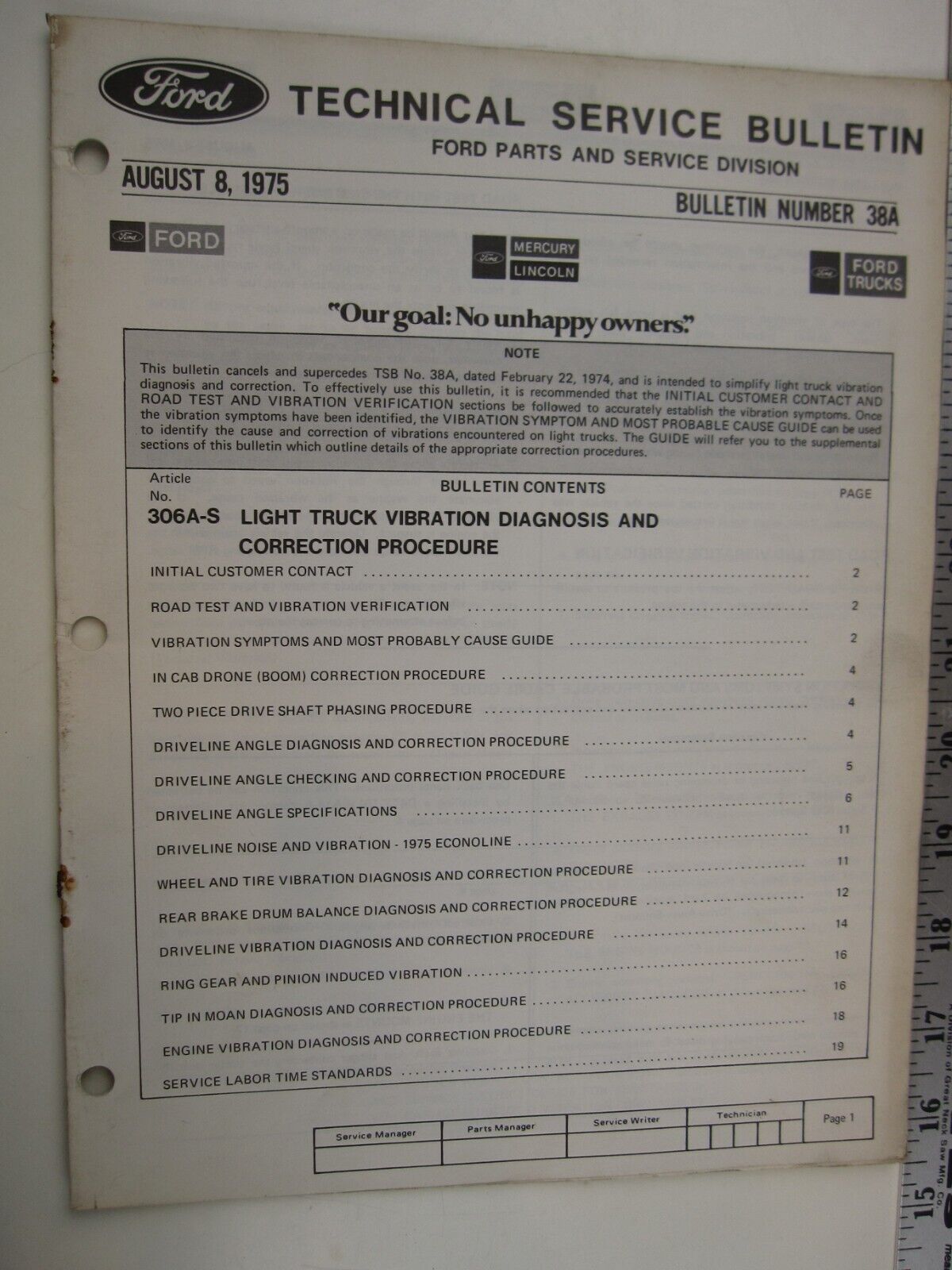 August 8, 1975 FORD Technical Service Bulletin Number 38A  BIS