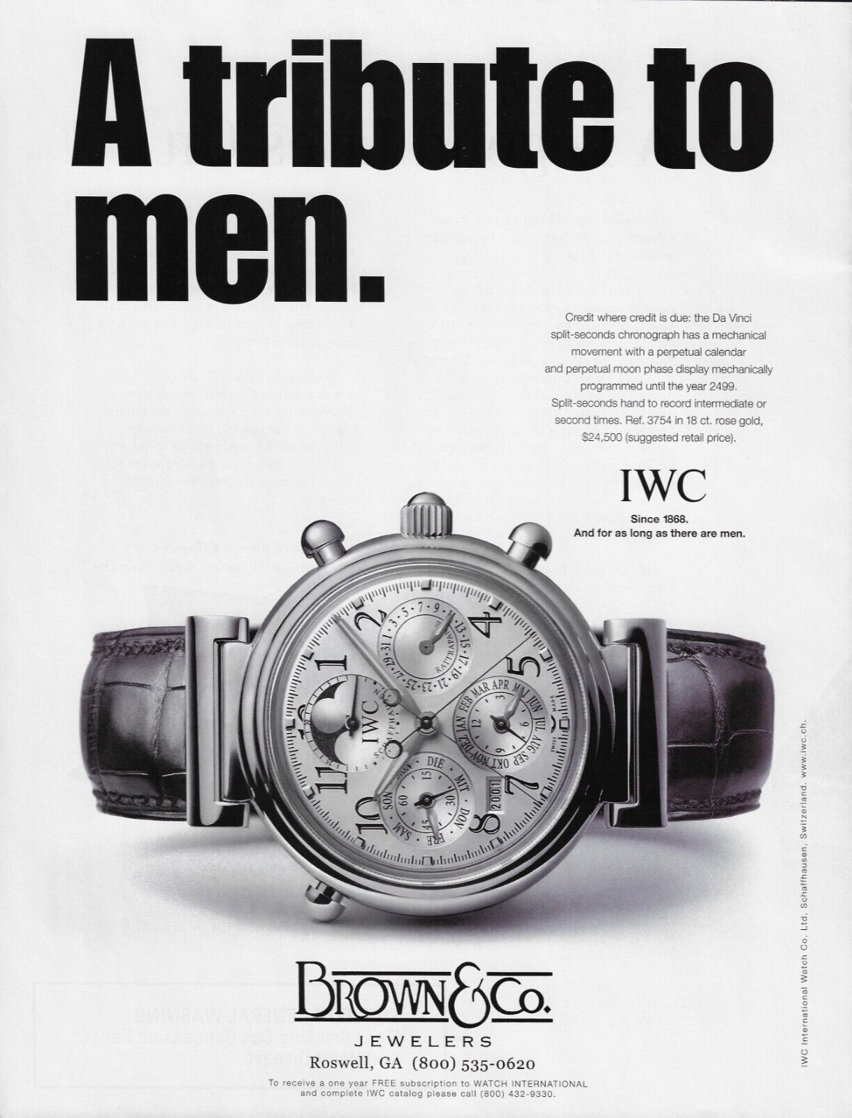 2001 IWC International Watch Co D Vinci Chronograph Silver Vintage Print Ad x